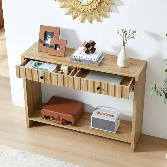 PHOYAL Fluted Console Table with Drawer and Open Storage Shelves, Narrow Sofa Table Entryway Table for Living Room Hallway Bedroom, Natural