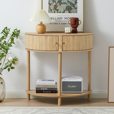 PHOYAL Fluted Half Moon Console Table with Drawers and Storage, Wooden Semi Circle End table with Shelf for Living Room, Half Round Side Table for Entryway Hallway, Beige