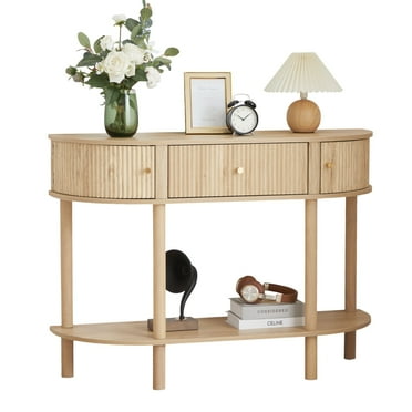 PHOYAL Fluted Half Oval Console Table with Drawers and Storage, Wooden Semi Elliptic End table with Shelf for Living Room, Half Round Side Table for Entryway Hallway, Beige