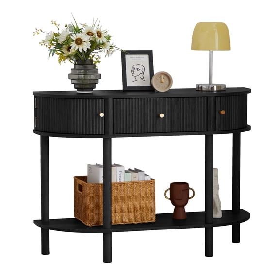 PHOYAL Fluted Half Oval Console Table with Drawers and Storage, Wooden Semi Elliptic End table with Shelf for Living Room, Half Round Side Table for Entryway Hallway, Black