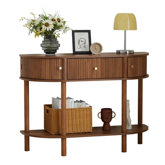 PHOYAL Fluted Half Oval Console Table with Drawers and Storage, Wooden Semi Elliptic End table with Shelf for Living Room, Half Round Side Table for Entryway Hallway, Walnut