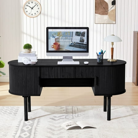 PHOYAL Fluted Home Office Desks with Drawers and Storage, Computer PC Desk with File Drawer and Cabinet, Oval Writing Study Table with 2 Sliding Tambour Door for Bedroom, Black