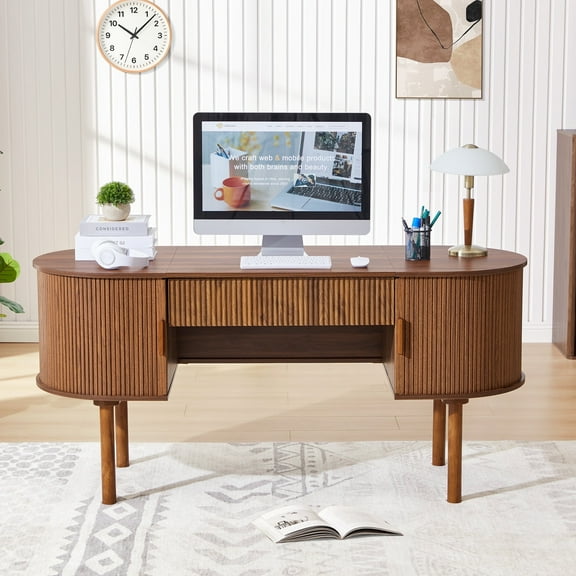 PHOYAL Fluted Home Office Desks with Drawers and Storage, Computer PC Desk with File Drawer and Cabinet, Oval Writing Study Table with 2 Sliding Tambour Door for Bedroom, Walnut