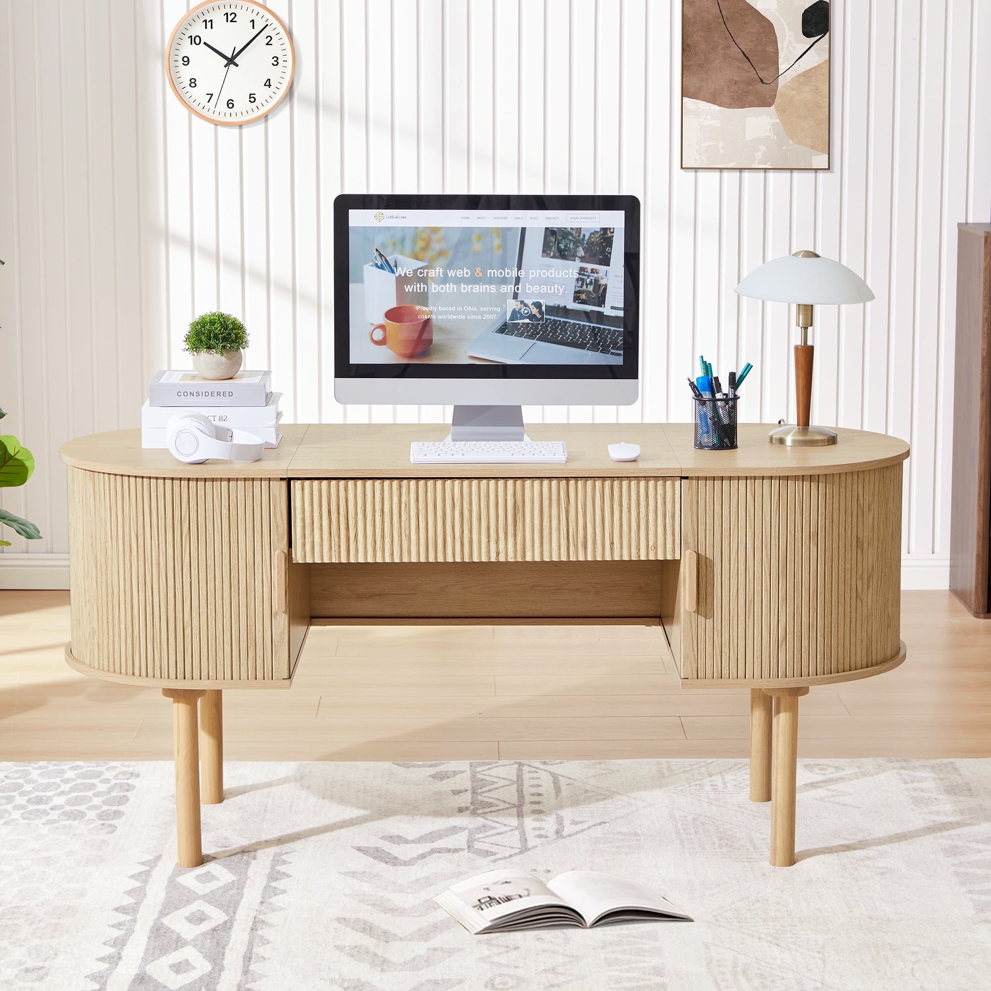PHOYAL Fluted Home Office Desks with Drawers and Storage, Mid Century ...