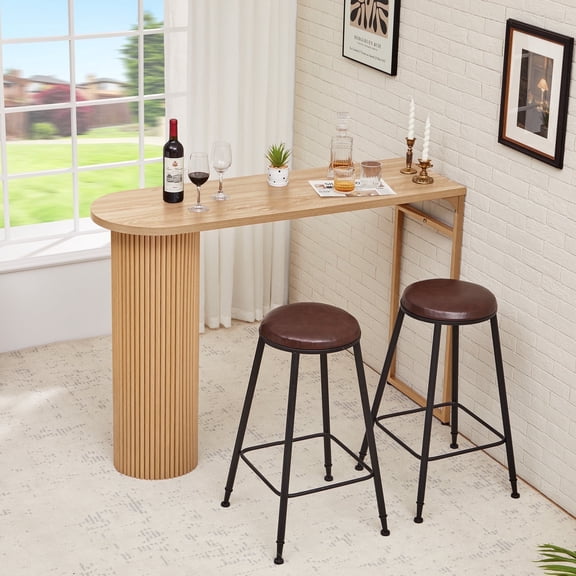 PHOYAL Fluted Kitchen Bar Table, 55.11" Long Half Oval Counter Height Pub Table for Dining Room Living Room, Natural