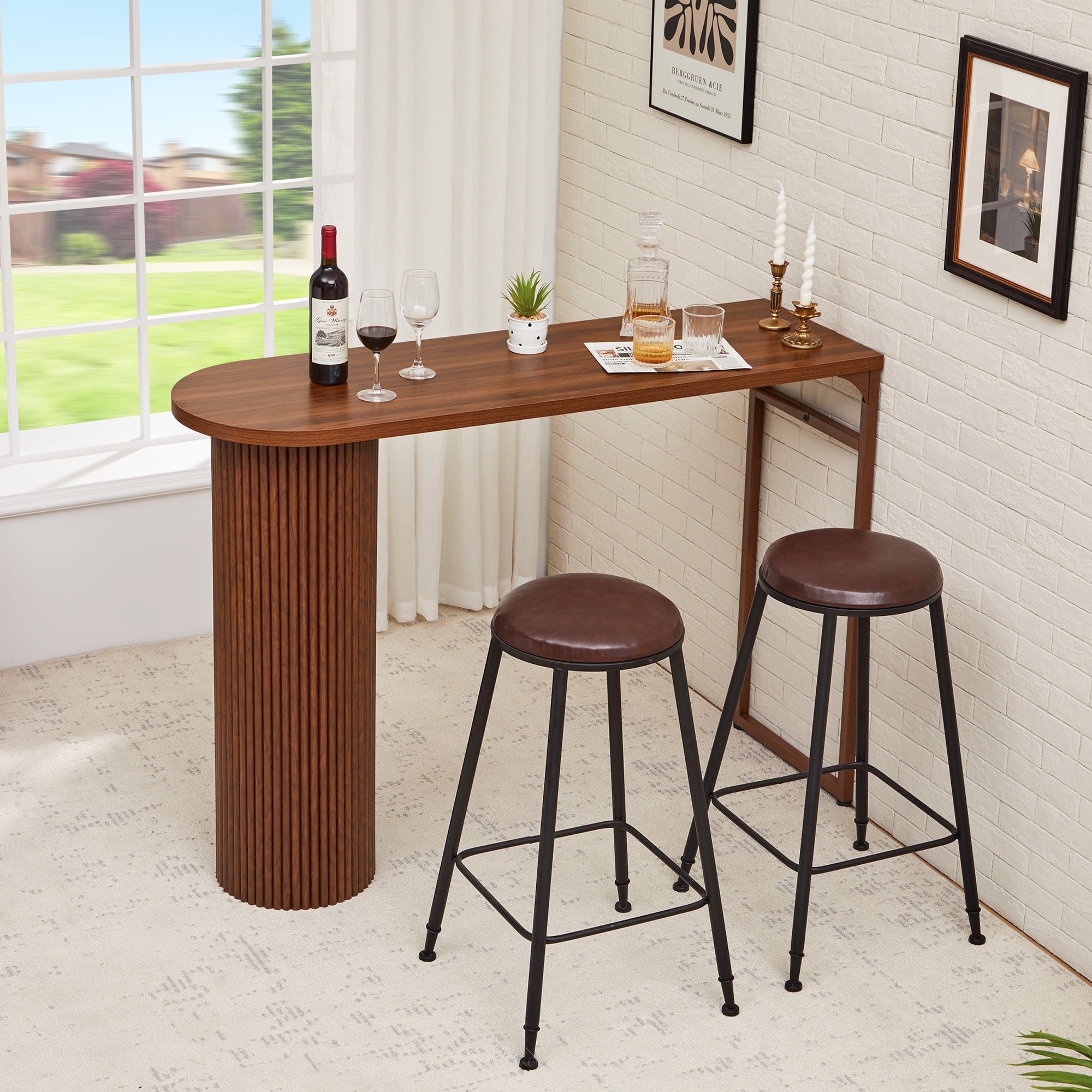 PHOYAL Fluted Kitchen Bar Table, 55.11" Long Half Oval Counter Height ...