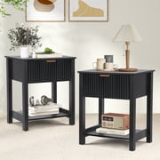 PHOYAL Fluted Nightstand for Bedroom Set of 2, Wood Bedside Table Set of 2 with Drawers, Black