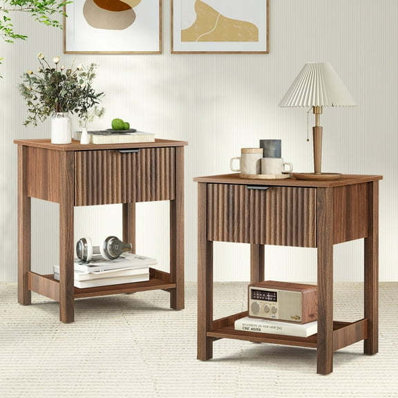PHOYAL Fluted Nightstand for Bedroom Set of 2, Wood Bedside Table Set of 2 with Drawers, Walnut