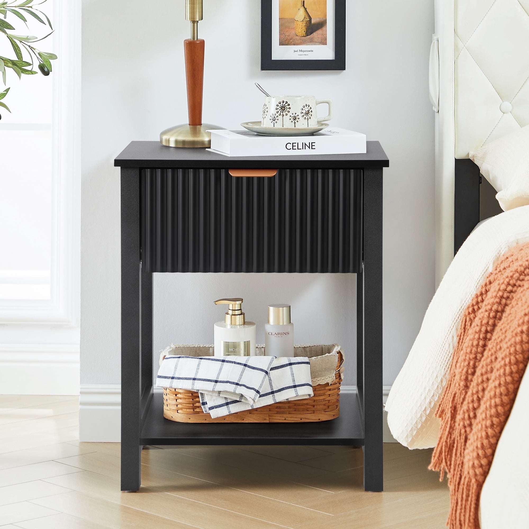 PHOYAL Fluted Nightstand for Bedroom, Wood Bedside Table with Drawers, Black