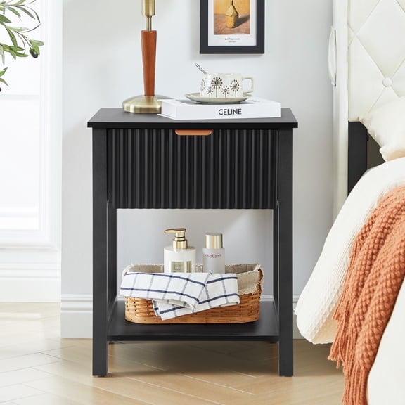 PHOYAL Fluted Nightstand for Bedroom, Wood Bedside Table with Drawers, Black