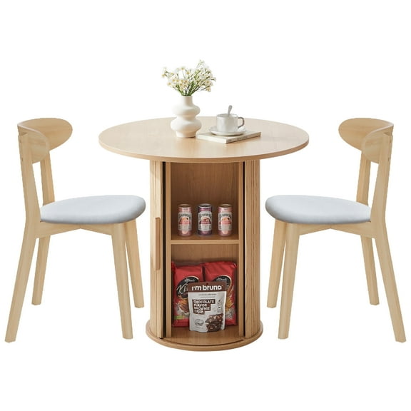 PHOYAL Fluted Small Round Dining Table Set for 2 with Sliding Door, 31.5 Inch Circle Dining Table Set with Storage for Kitchen Small Space Apartment, Beige (Dining Table and Chairs)