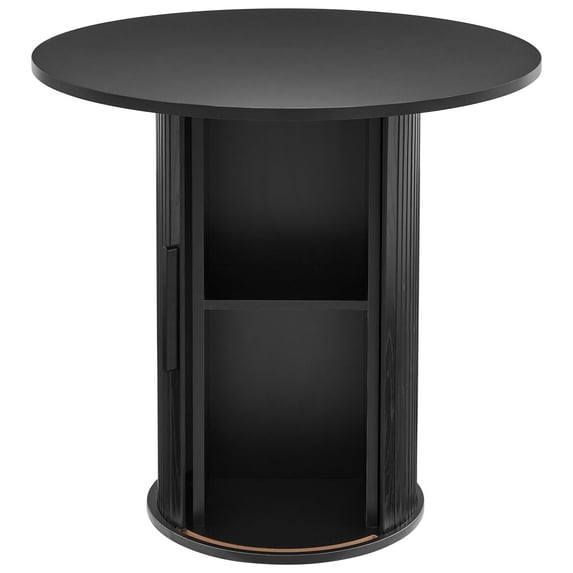 PHOYAL Fluted Small Round Dining Table for 2 with Sliding Door, 31.5 Inch Circle Dining Table with Storage for Kitchen Small Space Apartment, Black