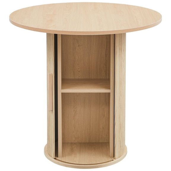 PHOYAL Fluted Small Round Dining Table for 2 with Sliding Door, 31.5 Inch Circle Dining Table with Storage for Kitchen Small Space Apartment, Natural