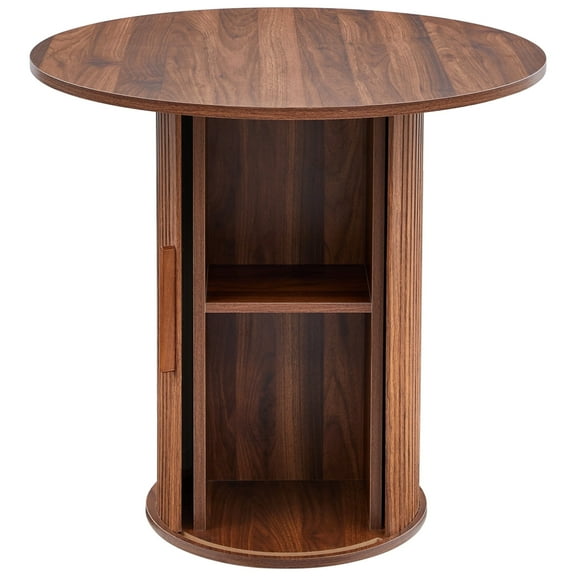 PHOYAL Fluted Small Round Dining Table for 2 with Sliding Door, 31.5 Inch Circle Dining Table with Storage for Kitchen Small Space Apartment, Walnut