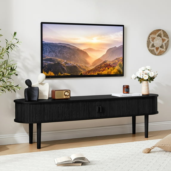 PHOYAL Fluted TV Stand for 60 inch TV , Modern Oval TV Console Table with Storage Compartment and 2 Doors, Gaming Entertainment Center with Sliding Door for Living Room, Bedroom, Office, Black