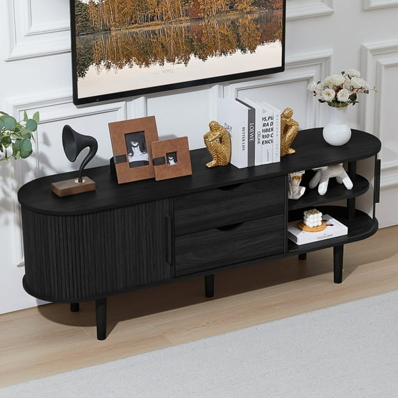 PHOYAL Fluted TV Stand, Modern Oval TV Console Table with Storage Compartment and 2 Drawers, Gaming Entertainment Center with Sliding Door for Living Room, Bedroom, Office, Black