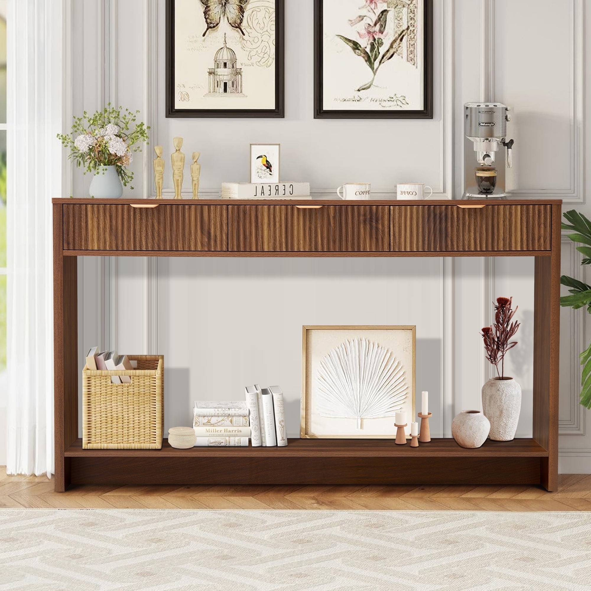 PHOYAL Fluted Walnut Console Table with 3 Drawers, Wave Entryway Table ...