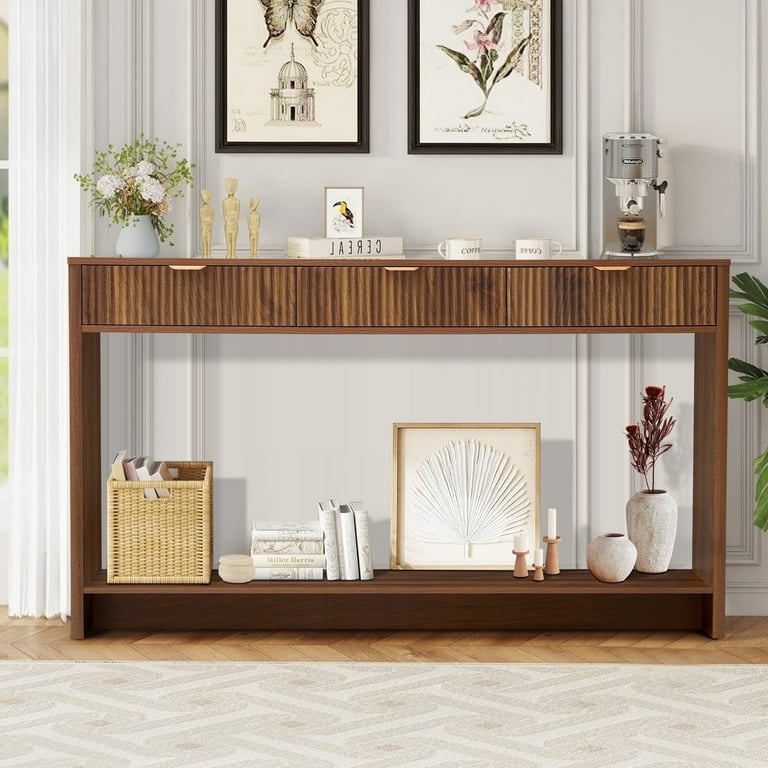 PHOYAL Fluted Walnut Console Table with 3 Drawers, Wave Entryway