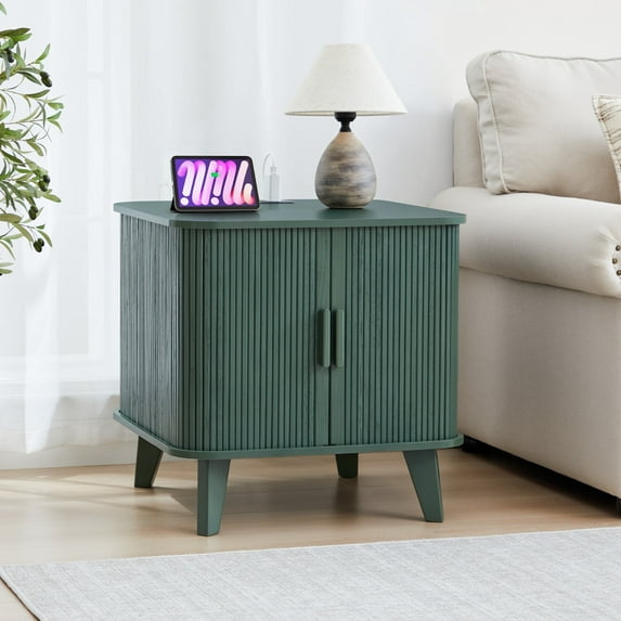 PHOYAL Green Large End Table with Charging Station, Vertical Strip Square Side Tables with Sliding Door Storage for Living Room