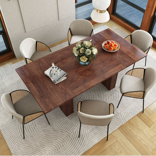 PHOYAL Walnut Rectangle Dining Table for 6-8, Farmhouse Double Pedestal Kitchen Table, 78.74"L ...
