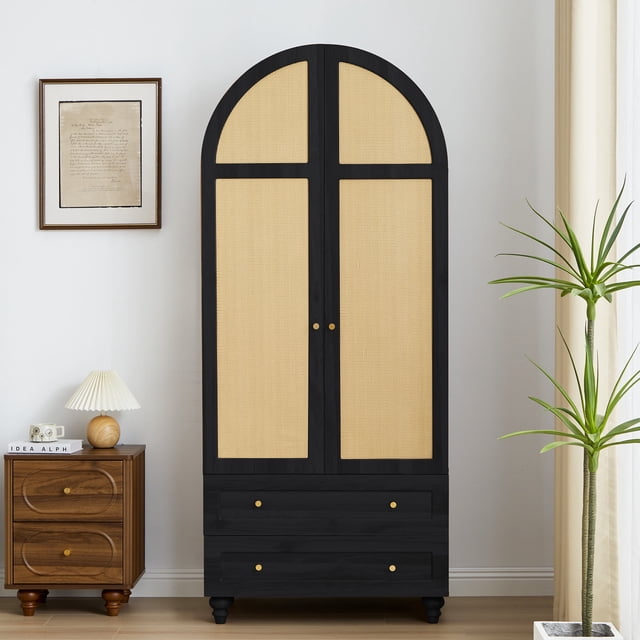 LEVNARY Arched Armoire Wardrobe - Mid-Century Modern 2-Door Freestanding Closet With Hanging Rod & 2 Drawers, Fluted Design (Natural)