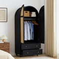 thumbnail image 1 of PHOYAL Modern 31.49" Arch Armoire Wardrobe with 2 Rattan Doors, Freestanding Closet Cabinet with 2 Drawers and Hanging Rail for Bedroom, Black, 1 of 7