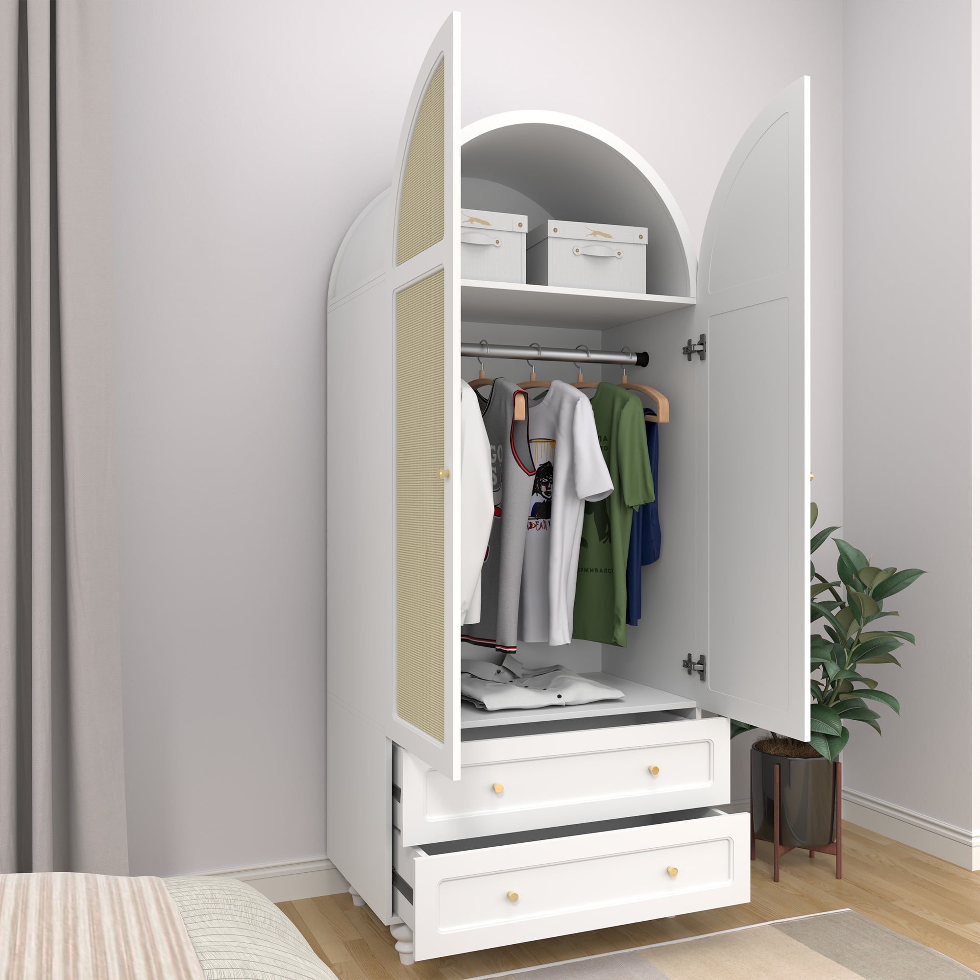 PHOYAL Modern 31.49" Arch Armoire Wardrobe with 2 Rattan Doors ...