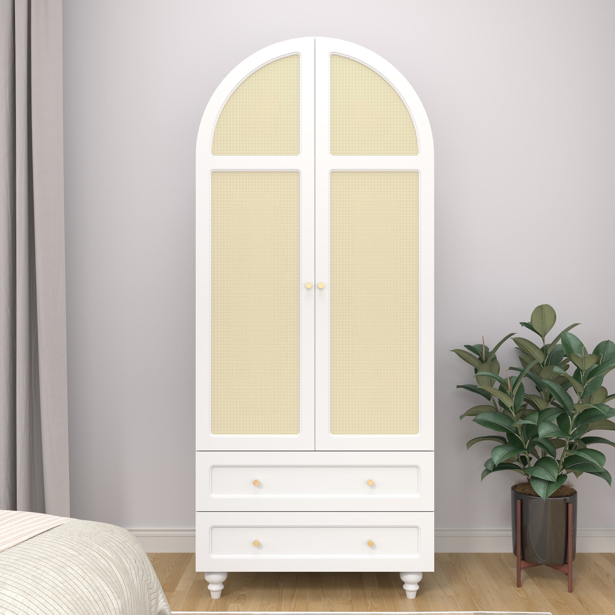 White Arched MDF and Rattan Wardrobe with Drawers