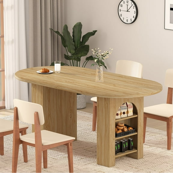 PHOYAL Natural Oval Dining Table for 4-6 People, Large Dining Table with Arched Storage Pedestal and Carved Line, Farmhouse Double Pedestal Kitchen Table, 70.86"L, 35.43"W