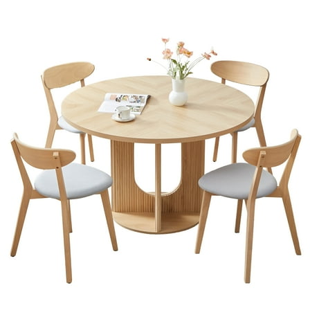 PHOYAL Natural Round Dining Set for 4, 47 Inch Wooden Large Kitchen Table Set for Dining Room