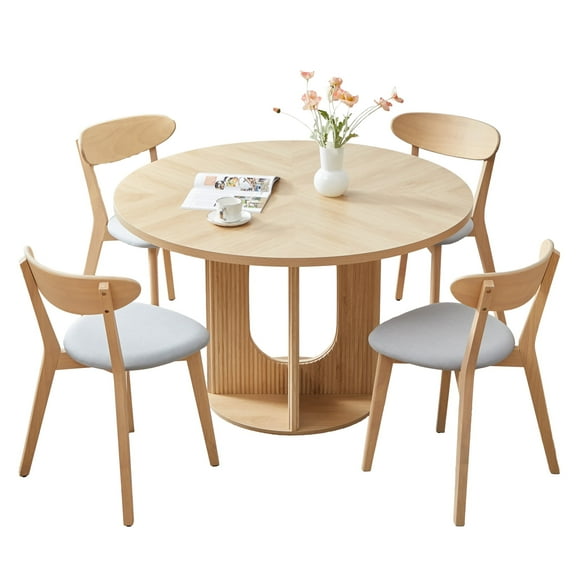 PHOYAL Natural Round Dining Set for 4, 47 Inch Wooden Large Kitchen Table Set for Dining Room