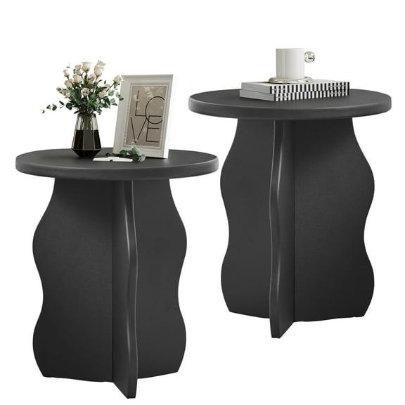 PHOYAL Round Small End Tables for Living Room Set of 2 with Wave Base, Side Table for Bedroom Small Space, Black