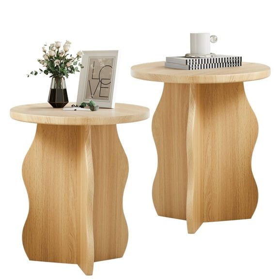 PHOYAL Round Small End Tables for Living Room Set of 2 with Wave Base, Side Table for Bedroom Small Space, Natural