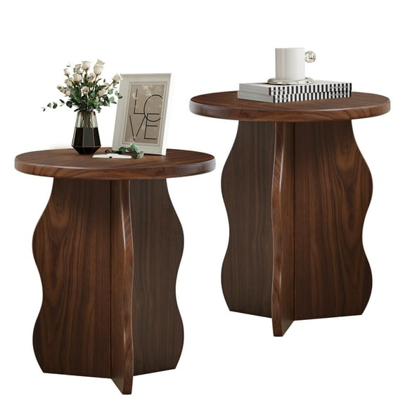 PHOYAL Round Small End Tables for Living Room Set of 2 with Wave Base, Side Table for Bedroom Small Space, Walnut