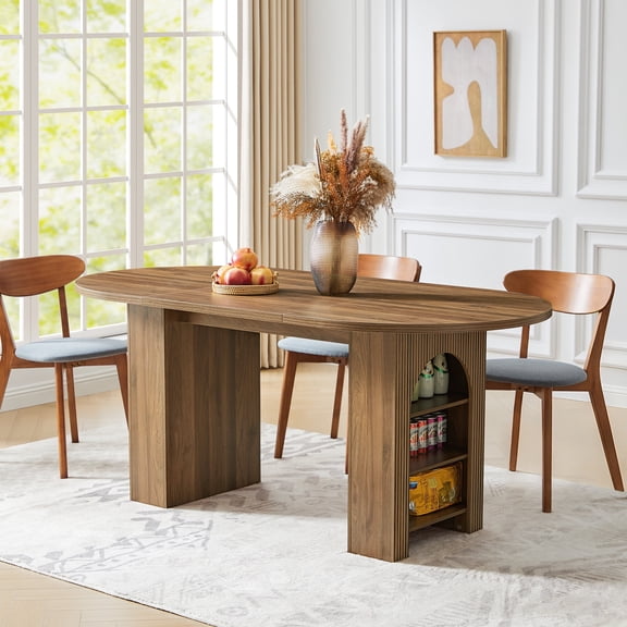 PHOYAL Walnut Oval Dining Table for 4-6 People, Large Dining Table with Arched Storage Pedestal and Carved Line, Farmhouse Double Pedestal Kitchen Table, 70.86"L, 35.43"W