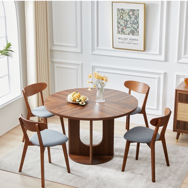 PHOYAL Walnut Round Dining Set for 4, 47 Inch Wooden Large Kitchen ...
