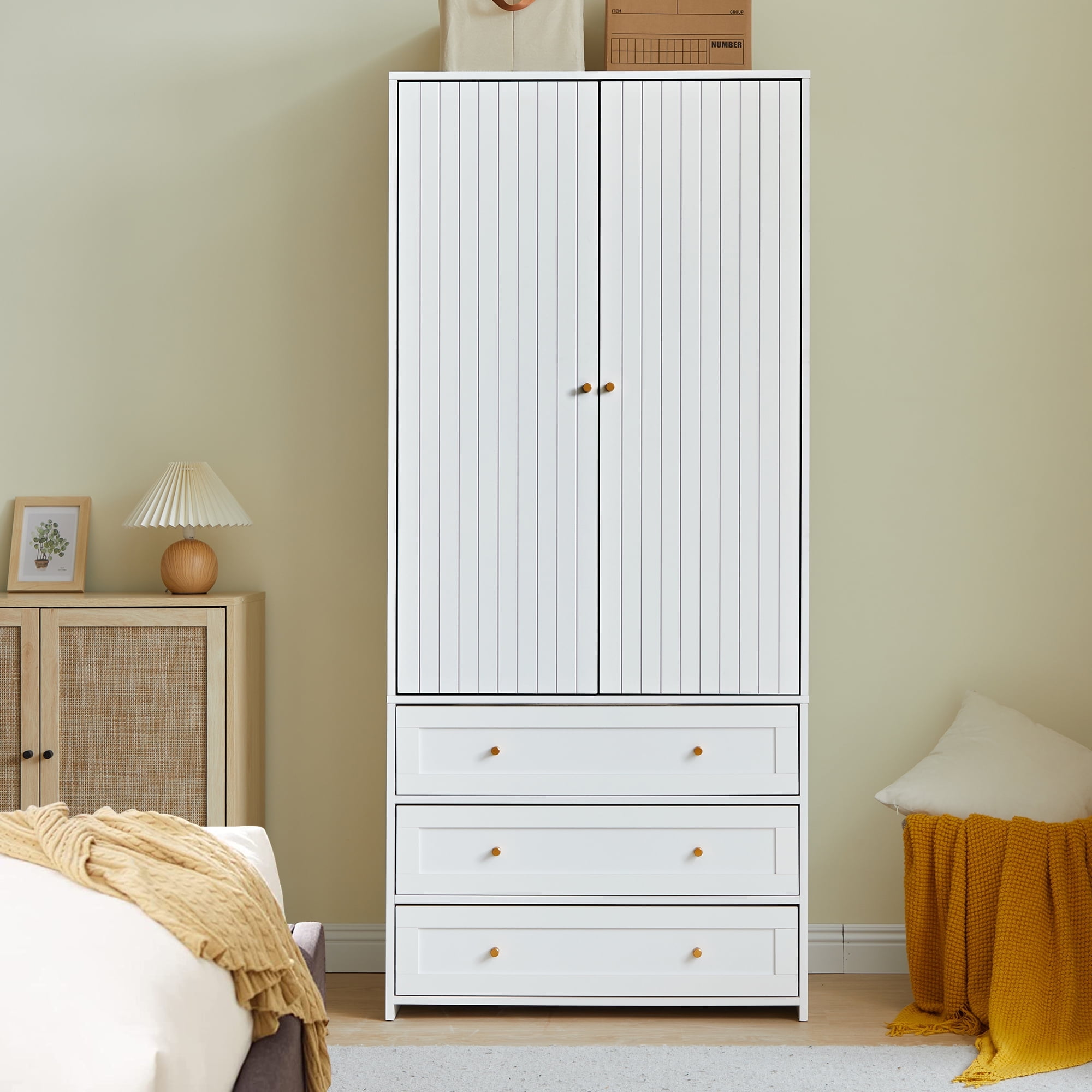 PHOYAL White Wardrobe Armoire Closet with Shelves and 3 Drawer, Freestanding Closet Wardrobe Cabinet for Hanging Clothes, 31.42 PHOYAL White Wardrobe Armoire Closet with Shelves and 3 Drawer, Freestanding Closet Wardrobe Cabinet for Hanging Clothes, 31.42