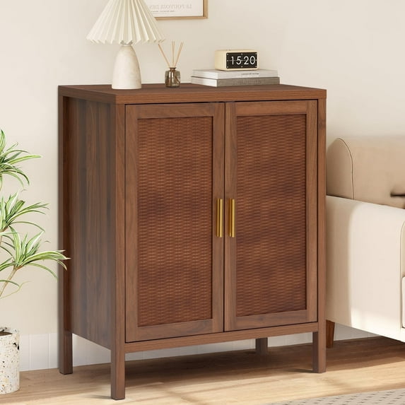 PHOYAL Wood Carving Rattan Veneer Accent Cabinet, Storage Cabinet with 2 Door and Adjustable Shelves for Entryway, Living Room, Dining Room, Walnut, 29.92"L*13.77"W*35.43"H