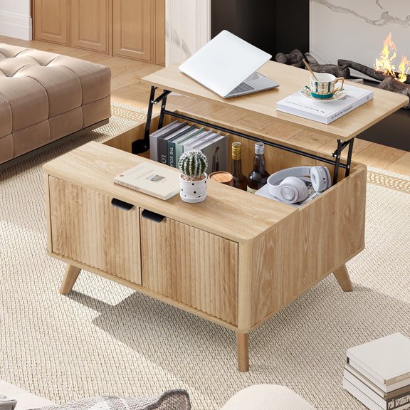 PHOYAL Wood Lift Top Coffee Table with Hidden Compartments for Storage, Fluted Square Coffee Table with 2 Doors for Living Room, Natural
