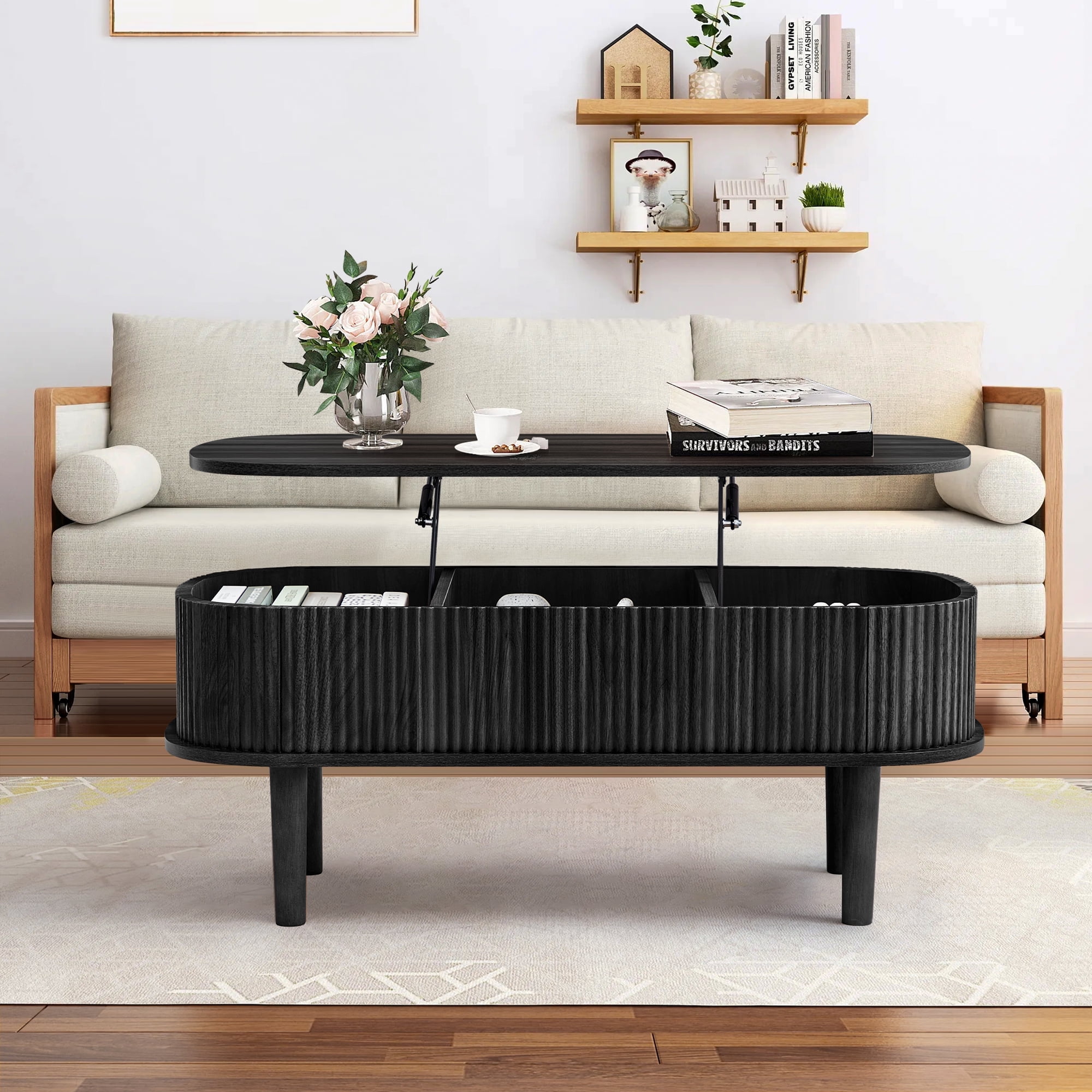 PHOYAL Wood Lift Top Coffee Table with Storage, Fluted Oval Coffee Table with Hidden Compartments for Living Room, Black