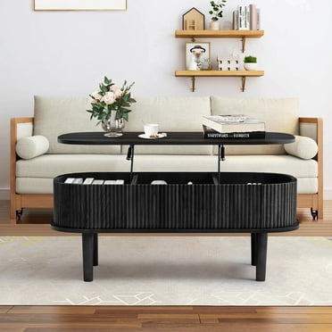 PHOYAL Wood Lift Top Coffee Table with Storage, Fluted Oval Coffee Table with Hidden Compartments for Living Room, Black