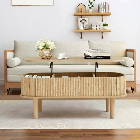 PHOYAL Wood Lift Top Coffee Table with Storage, Fluted Oval Coffee Table with Hidden Compartments for Living Room, Natural