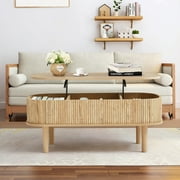 PHOYAL Wood Lift Top Coffee Table with Storage, Fluted Oval Coffee Table with Hidden Compartments for Living Room, Natural