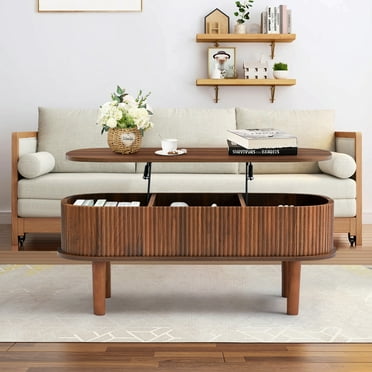 PHOYAL Wood Lift Top Coffee Table with Storage, Fluted Oval Coffee Table with Hidden Compartments for Living Room, Walnut