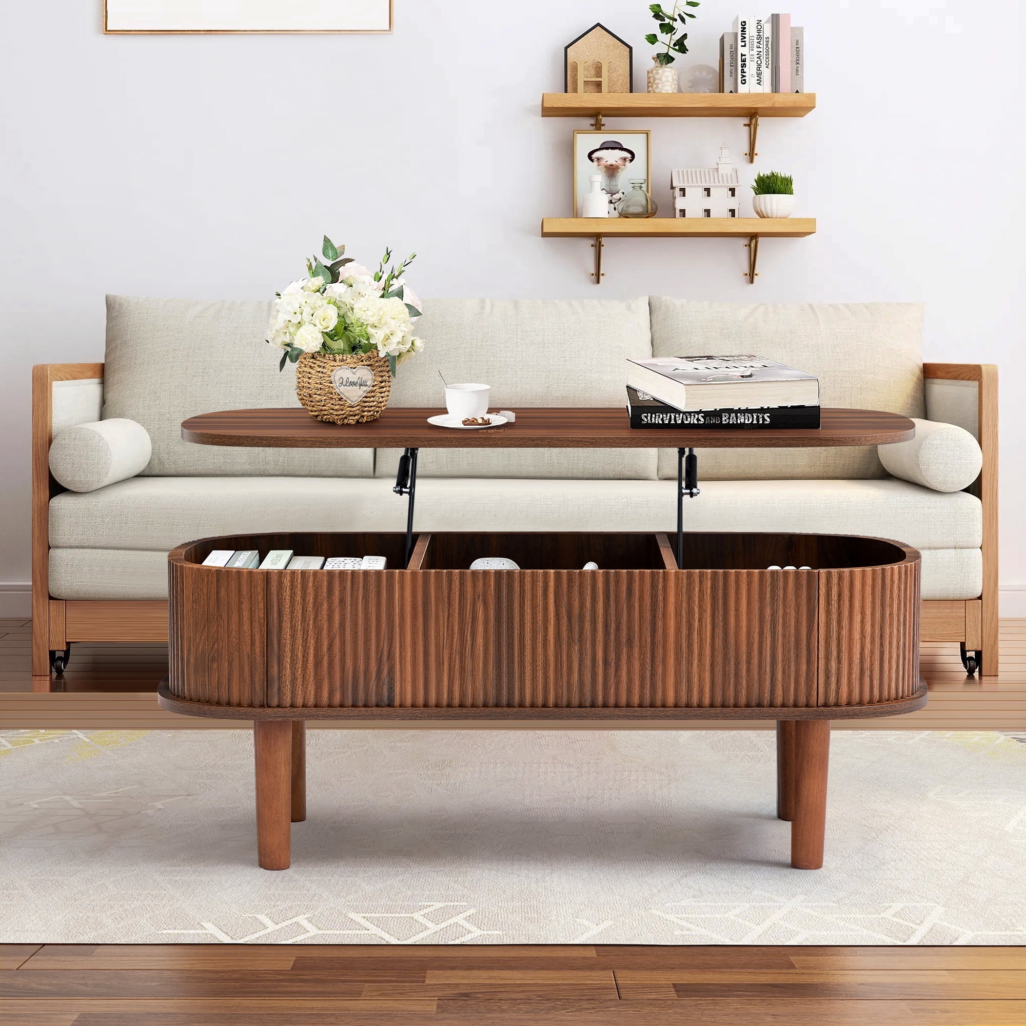 PHOYAL Wood Lift Top Coffee Table with Storage, Fluted Oval Coffee Table with Hidden Compartments for Living Room, Walnut