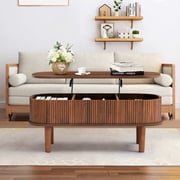PHOYAL Wood Lift Top Coffee Table with Storage, Fluted Oval Coffee Table with Hidden Compartments for Living Room, Walnut