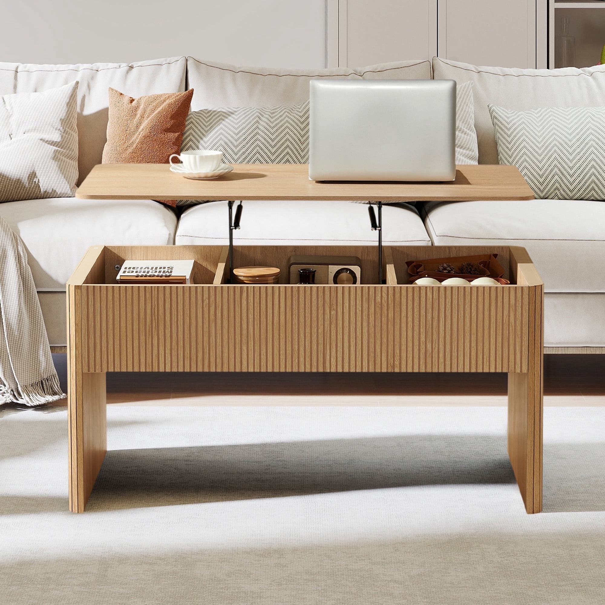 PHOYAL Wood Lift Top Coffee Table with Storage, Fluted Rectangle Coffee ...