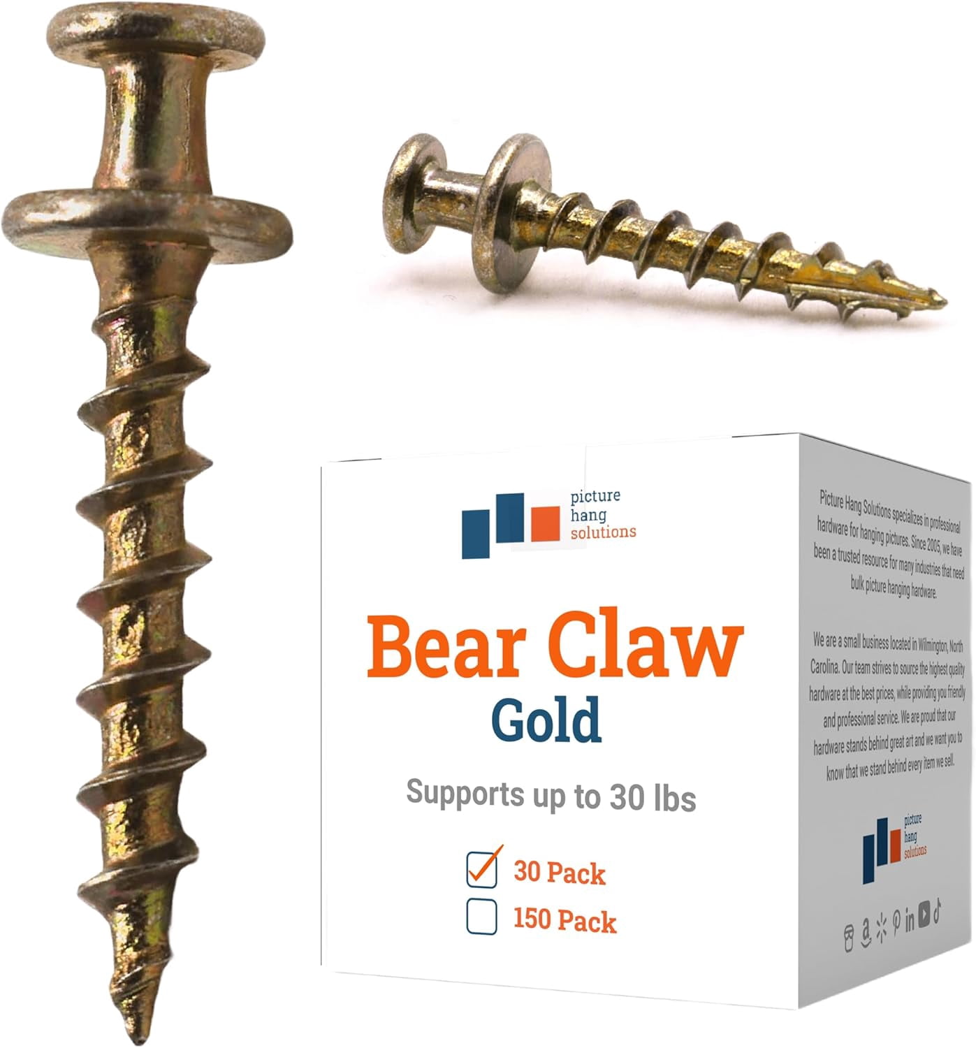 PHS Bear Claw Hanger Screws - 30 Pack Wall Hangers for Pictures - 30 lbs Heavy Duty Picture Hangers for Drywall & Plaster Walls - Gold Picture Hanging H s for D-Rings, Sawtooth, Wire and Keyholes