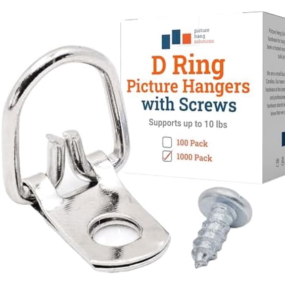 PHS D Rings for Picture Hanging - 1000 Pack Small D Ring Picture Hangers with Screws - 10 lbs Metal D-Ring - Easy to Install Frame Hanging Hardware - Pro Quality Hangers - Silver