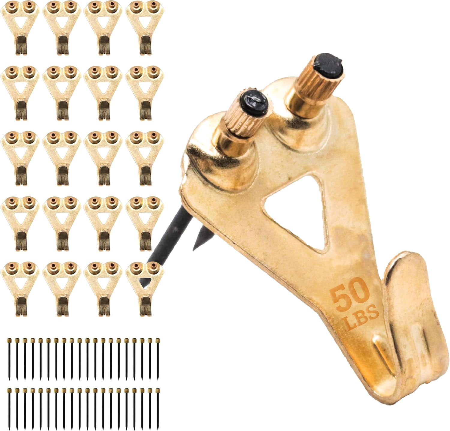 PHS - Professional Picture Hanging Hs with Nails - Heavy Duty Brass Wall Hangers, 50 lbs Capacity, 20 Pack - for Drywall & Plaster Walls - Hang Pictures, Canvas, Mirrors, Art & Frame Hanging Hs
